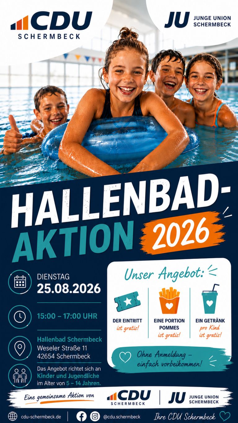 Hallenbad-Aktion 2026: Kinder und Jugendliche erhalten freien Eintritt und Gratis-Snacks am 25.08.2026 in Schermbeck.