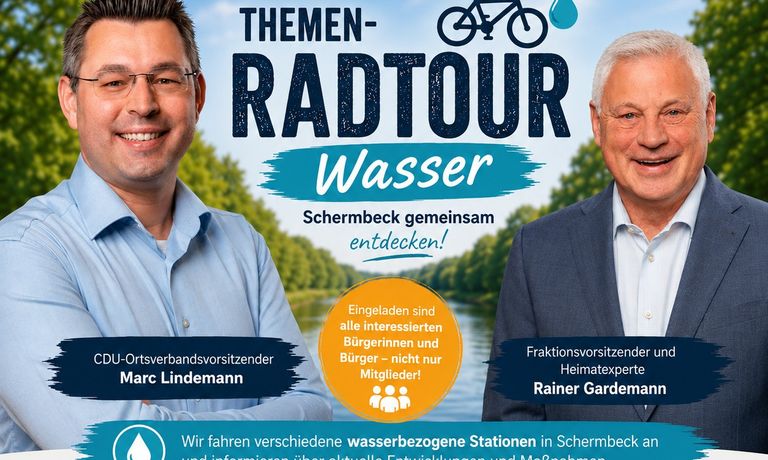 Plakat für CDU-Themenradtour „Wasser“ in Schermbeck mit zwei Politikern und Tourdaten.